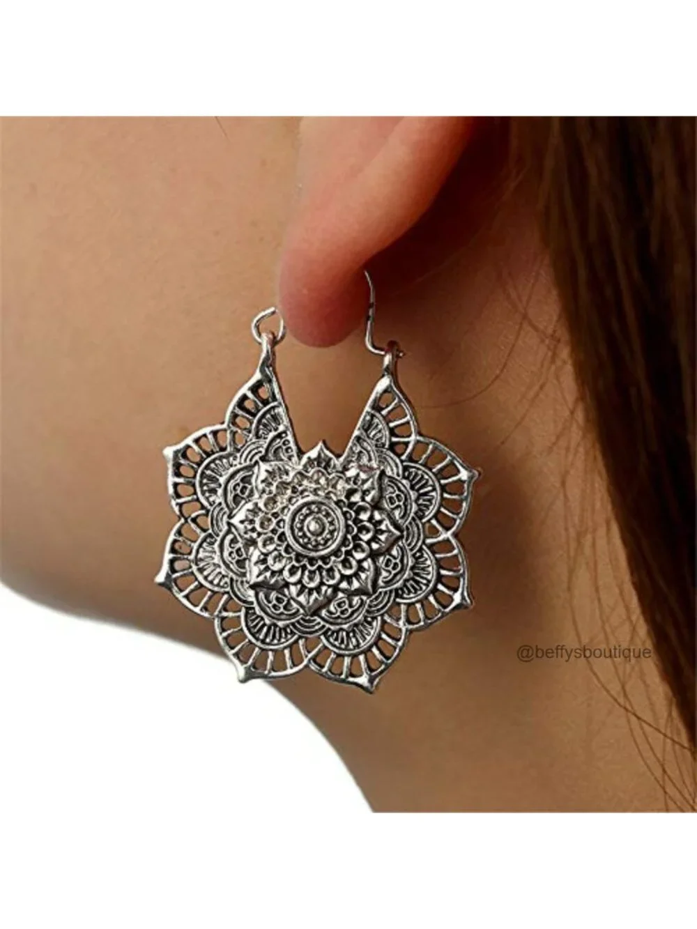 Hammered Antique Silver Drop Dangle Earrings Boho Mandala